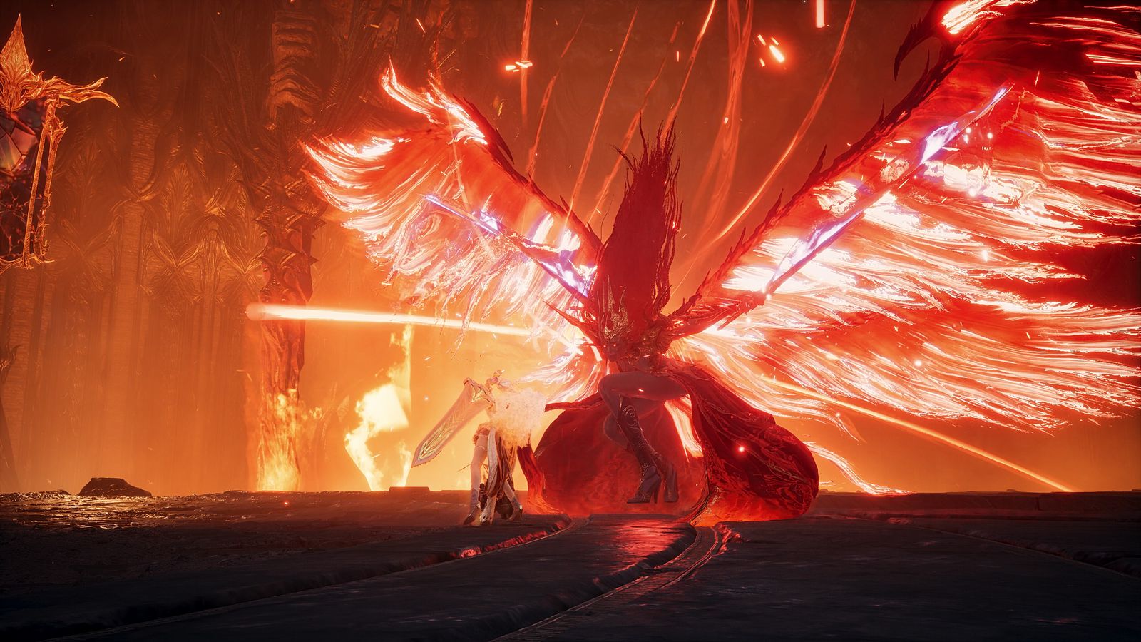 A fiery winged boss looming over a lava field in AION 2 — official screenshot