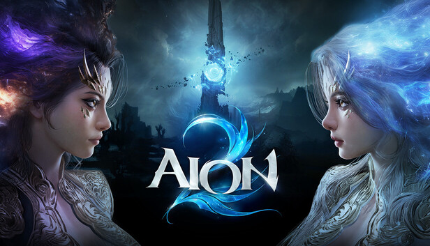 AION 2 key art with the game logo over two Daevas — official artwork