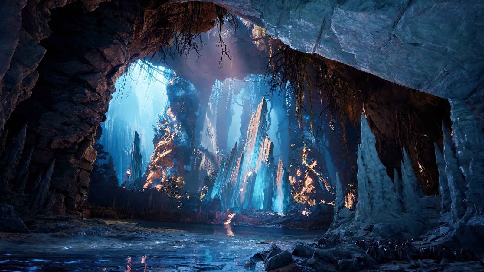 The glowing icy interior of Krao Cave in AION 2 — official screenshot